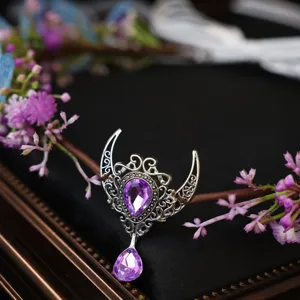 Elf flower tiara headband with crystal crescent moon pendant for cosplay and wedding photography.