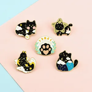 Cute black cat enamel pin set celestial moon star metal brooch badges for clothes sweaters.