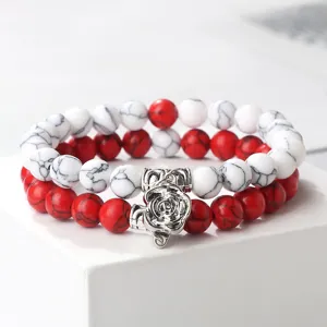 Ensemble de Bracelets de Perles pour Couple avec Charme de Fleur Aimantée en Pierre