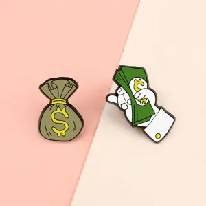 Suesse Cartoon Dollar Geldbuendel Hand Bargeld Emaillierte Brosche Pin Set fuer Kleidung.
