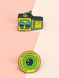 Vintage camera enamel brooch pin set, creative photography badge accessory for jackets