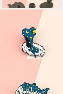 Close-up detail of creative starry skull enamel pin, punk bone heart badge ornament.