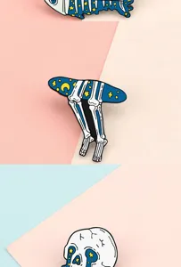 Detailed shot of creative starry skeleton enamel pin, featuring unique bone design for stylish decor.