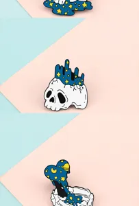 Close-up detail of the creative starry skull enamel pin, featuring fine craftsmanship and vibrant colors.