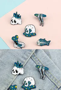 Starry skull enamel pins set, unique creative alloy badge brooches for jacket backpacks decoration.