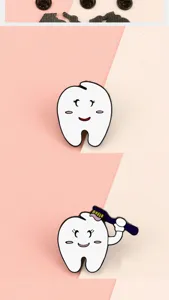 Cute cartoon tooth shaped metal enamel brooch badge for medical dental hospital decor.