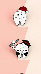 Cute tooth enamel pin detail shot featuring cartoon designs for dental office or daily wear.