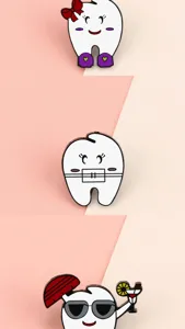 Close-up details of creative cartoon tooth metal brooches featuring cute bows and funny styles.