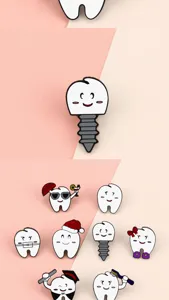 Close-up details of creative tooth enamel pins featuring cute cartoon dental designs for gifts.