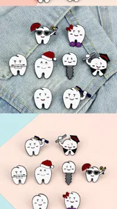 Close-up detail of cute cartoon tooth enamel pins, featuring creative medical and dental designs.