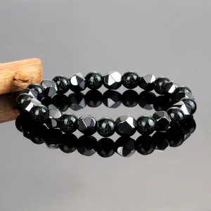 Pulsera de cuentas hombre hematita facetada y piedra brillante elástica oficina.