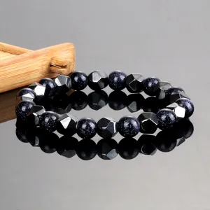 Pulsera elástica de cuentas de hematites facetado y arenisca azul, joya para hombre.
