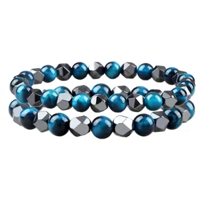 Pulsera elástica de ojo de tigre azul y hematita facetada para hombre, joya elegante.