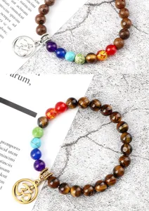 Heren chakra steen armband set met houten kralen en Om hanger voor yoga en meditatie.