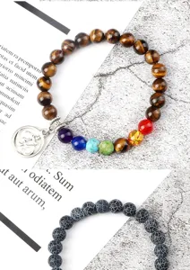 Natuurlijke tijgerogen en chakra kraal armband set met zilveren om hanger voor heren.