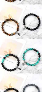 Stylish couple magnetic heart bead bracelets set, matching gemstone distance bracelets.