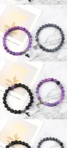 Couple beaded bracelet set with magnetic heart pendant lava stone and agate design jewelry.