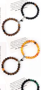 Couple magnetic bead bracelets set with heart charms, perfect matching jewelry gift.