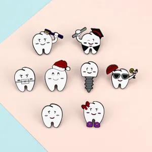 Cute cartoon tooth metal enamel brooch pins set, creative dental hospital badge jewelry gifts.