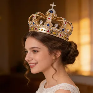 Vintage Baroque Alloy Rhinestone Crown Headwear Luxury Royal Cross Pattern Hair Tiara For Wedding Prom Party Cake Decoration Ornament Unisex Jewelry