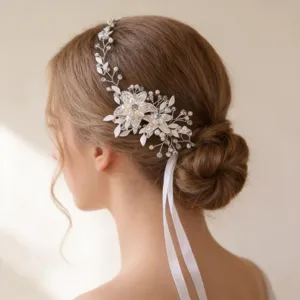 Diadema de Novia de Aleación Hecha a Mano Flores de Perlas Artificiales Diamantes de Imitación Accesorios para el Cabello de Boda Oro Plata