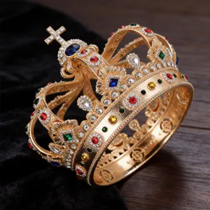 Detailed close-up of a luxury gold royal crown featuring vibrant multi-color crystal jewels.