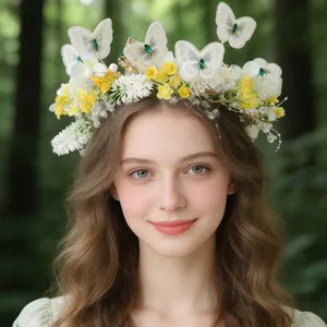 Serre-tête Fée Elfe Papillon Brodé Fleur Guirlande Florale Faite à la Main Coiffure Éthérée avec Strass et Perles pour Mariage Fête Femmes