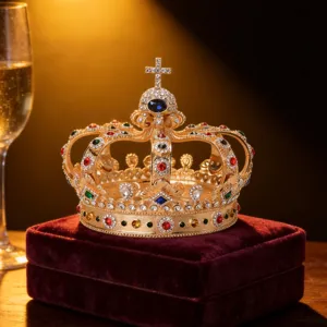 Detailed view of a luxury gold alloy royal crown adorned with colorful rhinestones and gems.