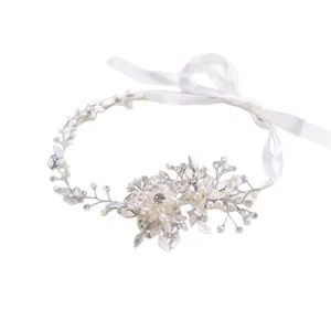 Elegante novia hecha a mano perla diamantes flor diadema pelo boda cinta accesorio mujer