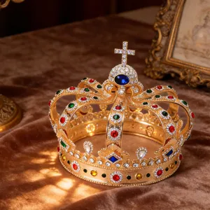 Detailed close-up of luxury baroque gold crown with colorful crystals and cross for royal events.