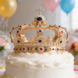 Detailed close-up view of golden royal crown cake topper with colorful crystals and cross.