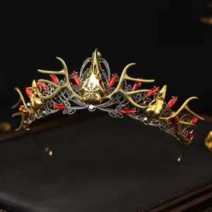 Gotische Vintage Geweih Krone Rote Kristall Haarreif Halloween Prinzessin Tiara Haarschmuck