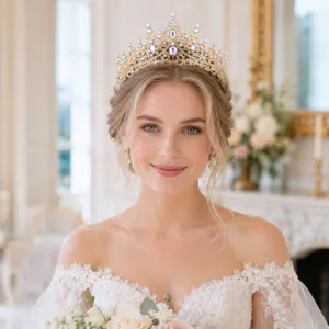 Stunning gold rhinestone bridal tiara, luxury crystal princess crown for wedding party hair.