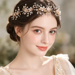 Diadema de Novia Hecha a Mano con Flores y Hojas Aleación Strass Perla Artificial Accesorio para el Cabello para Mujeres