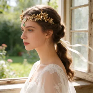 Couronne de cheveux de vigne feuille style forestier avec pendentif en cristal détail.