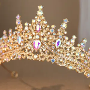 Exquisite golden tiara with sparkling AB rhinestones, perfect bridal hair accessory.