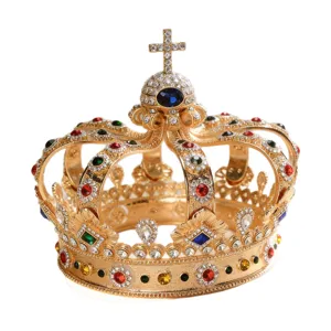 Luxury gold court crown tiara with colorful crystal rhinestones for wedding prom party hair accessories