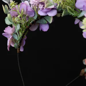 Forest style floral headband, purple flowers and green leaves, holiday party hair accessory.