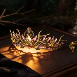 Gotische retro goldene Hirschgeweih Krone Haarreif mit rosa Strass für Halloween.