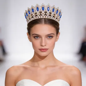 Close-up detail of the luxury baroque golden crown featuring stunning blue rhinestones and gems.