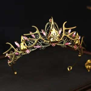 Gotische Gold Geweih Krone Tiara mit Rosa Kristallen Halloween Vintage Haarreif Kopfschmuck