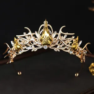 Gotische goldene Geweih Tiara Krone Strass Braut Halloween Haarschmuck Statement Vintage Kopfschmuck
