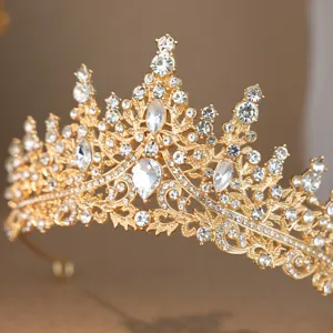 Gold rhinestone bridal tiara princess wedding crystal crown elegant hair accessory