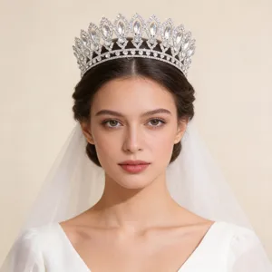 Luxury crystal bridal tiara, baroque round rhinestone crown for wedding dress and hair styling.