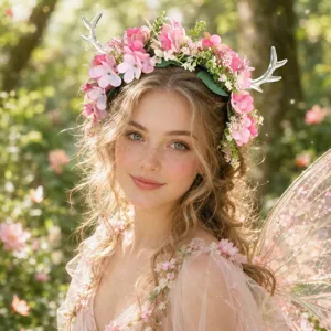 Detailed view of forest fairy floral antler headband with pink flowers and clear horns.