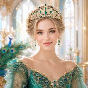 Stunning rhinestone crystal crown tiara bridal headpiece with green gems for wedding party.