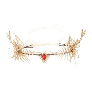 Serre-tête feuille style forêt fait main avec goutte de cristal rouge et bois pour cosplay.