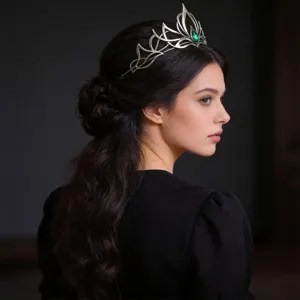 Squisita corona diadema argento scuro vintage con gemma verde, elegante accessorio per capelli.
