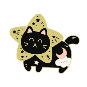 Cute black cat enamel pin with star collar, celestial brooch for sweater and lapel decoration.