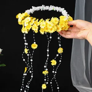 Daisy flower crown headband with pearl tassels, perfect wedding hair accessory for beach.